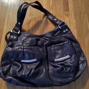 B. Makowsky Glove Leather Large Double Handle Pocket Satchel Handbag. Black